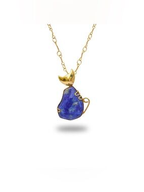 Handmade Blue Lapis Lazuli Cat Pendant Gold Chain Necklace Afghan Gemstone NWT